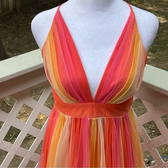 Luxxel Rainbow Dress Small Plunging Open Back Strappy Maxi Babydoll Fairy Ballet - Picture 12 of 14